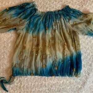 Peter Nygard Womens Top Blouse Tunic Blue & Beige Women’s M/L